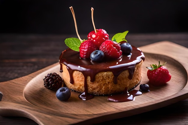 Um café da manhã de sobremesas com frutas e chocolate em uma placa de madeira.