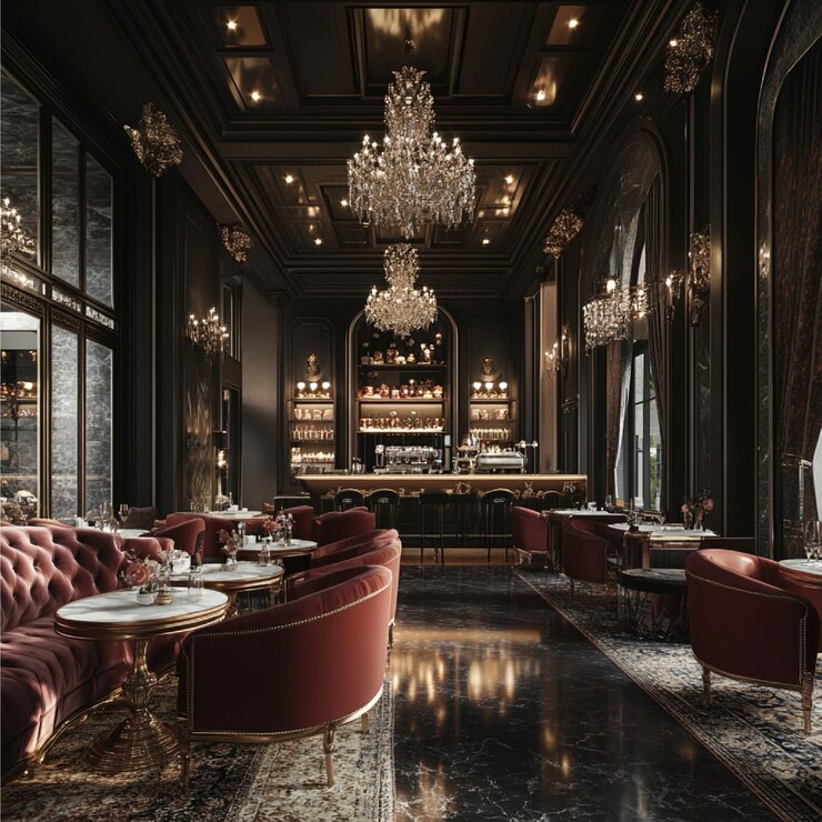 Foto um café de luxo com lustres de veludo e um ambiente sofisticado.