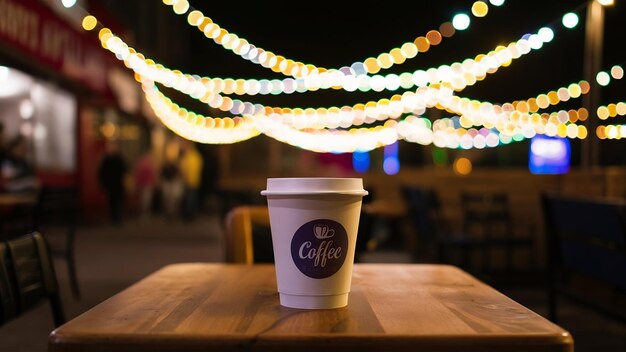 Foto um café e um restaurante confusos com luzes noturnas coloridas em fundo