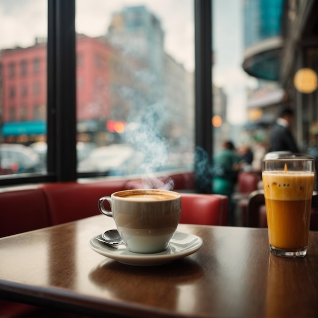 Um café movimentado no coração da cidade com uma chávena de café fumegante