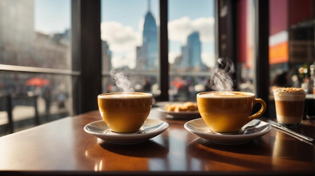 Um café movimentado no coração da cidade com uma chávena de café fumegante