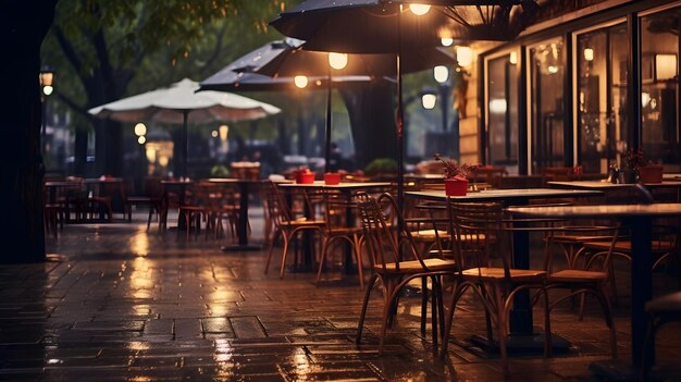 Um café na calçada com guarda-chuva