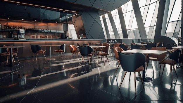 Um café ou restaurante elegante e moderno com um design de interiores espaçoso e confortável IA generativa