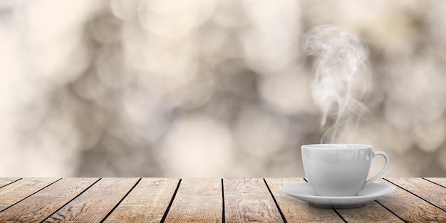 Um café quente na mesa em um fundo de primavera