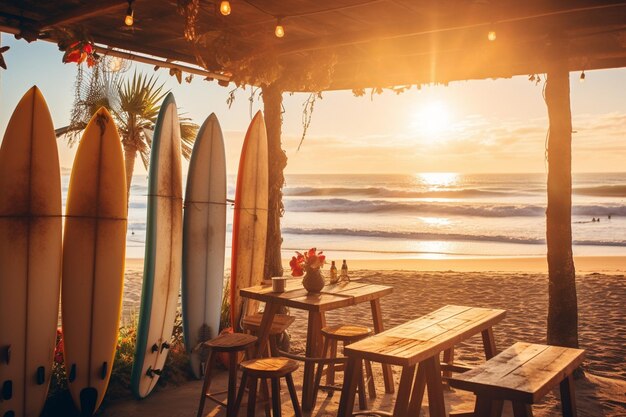 Foto um café rústico à beira-mar com mesas vazias