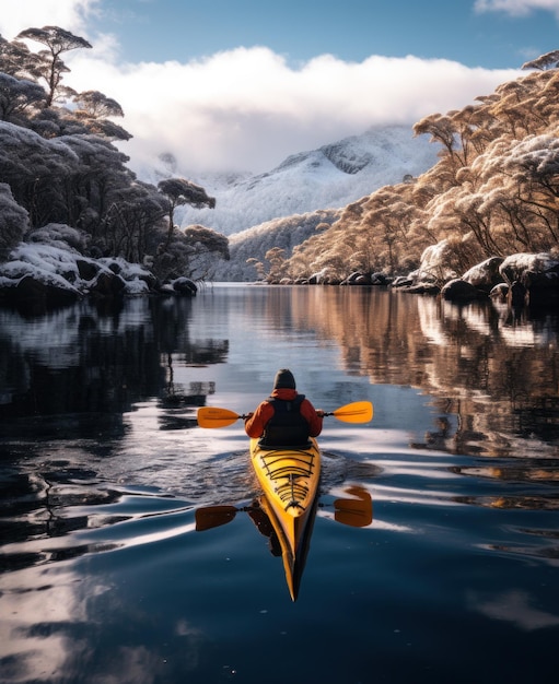 Foto um caiaque remo pelo lago ness na neve e no gelo.