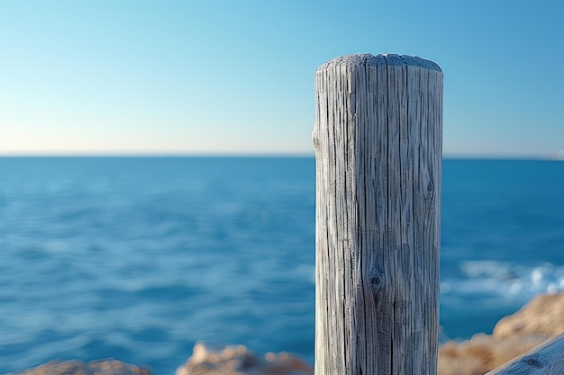 Um cais de madeira com um esquema de cores azul e branco o cais está localizado no oceano e é cercado