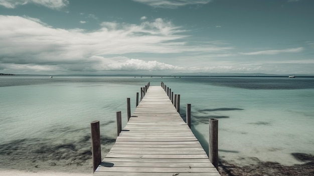 Um cais em uma praia com um céu nublado ao fundo