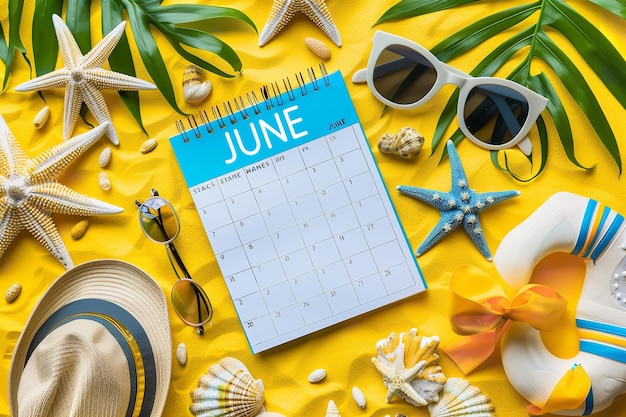 Foto um calendário com óculos de sol e um fundo azul com uma cena de praia