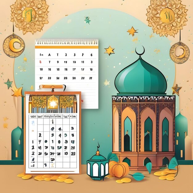 Foto um calendário com uma mesquita azul com uma cúpula azul na parte superior