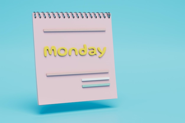 Um calendário flip de papel com segunda-feira escrito em uma renderização 3d de fundo azul