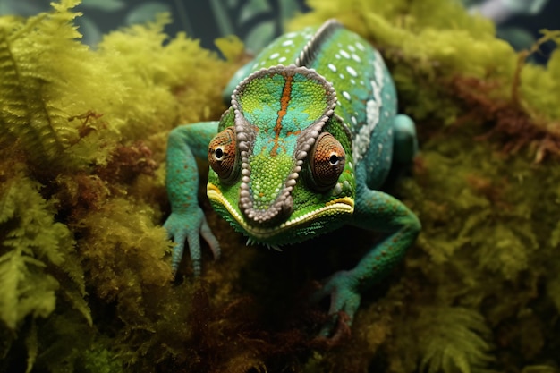 um camalão verde sentado em uma folha