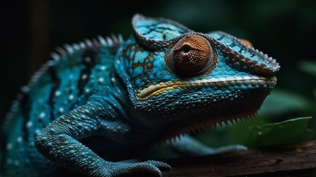 Um camaleão azul com cabeça verde e olhos azuis senta-se em um galho.