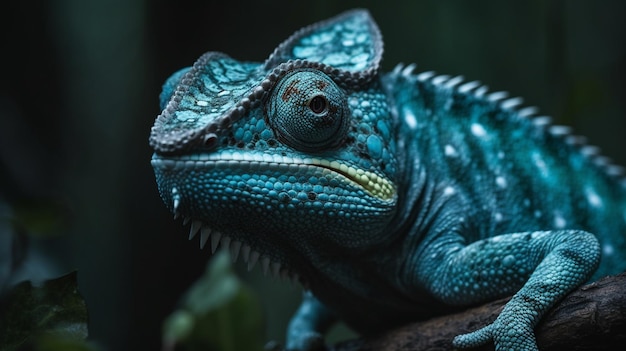 Um camaleão azul senta-se em um galho.