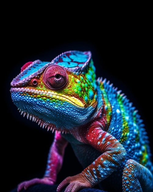 Um camaleão colorido com um fundo preto