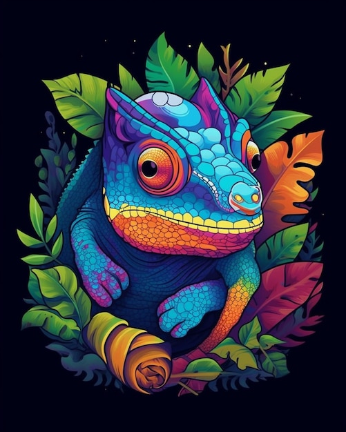 Um camaleão colorido com um pergaminho no meio do quadro.