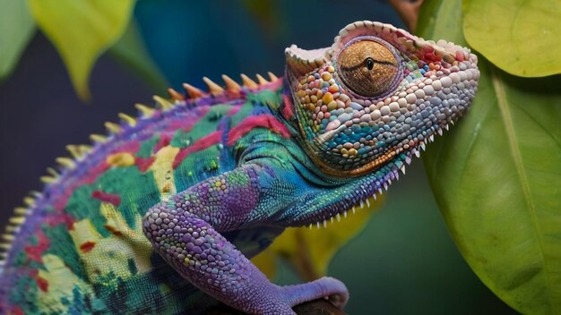 Foto um camaleão colorido com um rosto e olhos coloridos