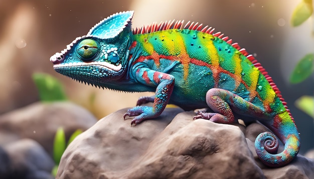 Um camaleão colorido e vibrante em close-up na natureza sentado em uma pedra