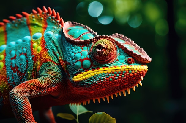 Foto um camaleão colorido em close-up um fundo de floresta tropical um close-up de um camaleão mudando de cor ai gerado