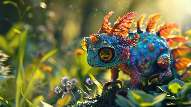 Foto um camaleão colorido está de pé em um campo de flores