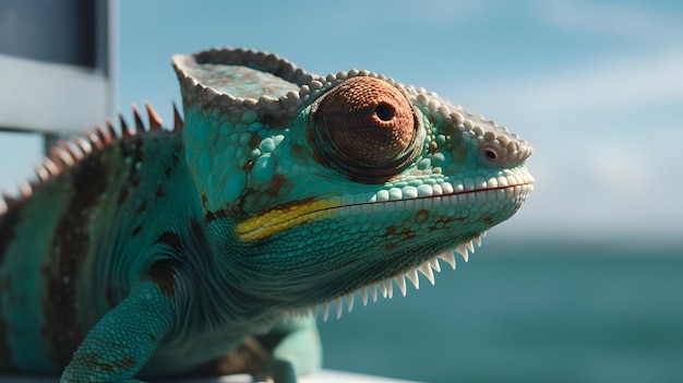 Um camaleão com cabeça verde e olhos vermelhos senta-se em um barco no oceano.