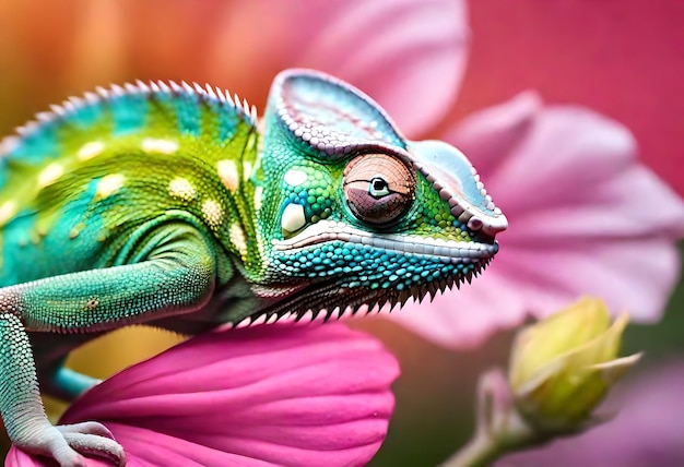 Foto um camaleão está em uma flor com uma flor rosa