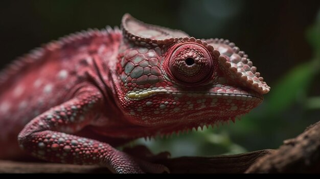 Um camaleão rosa com olhos vermelhos e fundo preto