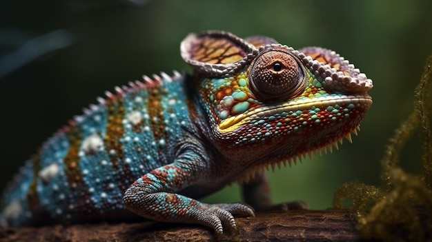 Um camaleão senta-se em um galho na selva.