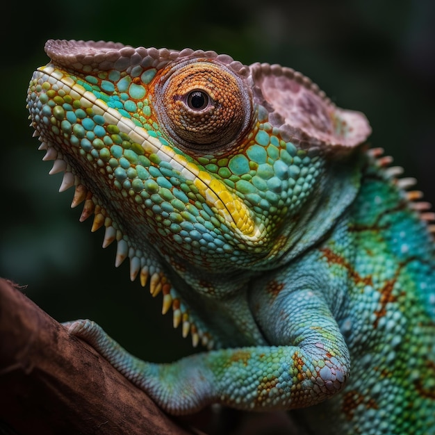 Um camaleão verde e azul está sentado em um galho.