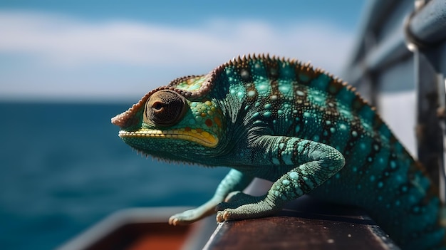 Um camaleão verde senta-se em um barco no oceano.