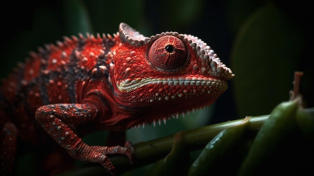 Um camaleão vermelho e verde senta-se em um galho.