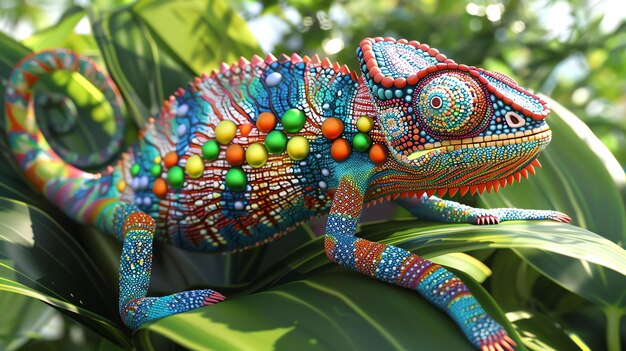 Foto um camaleão vibrante está empoleirado numa folha verde o seu corpo um caleidoscópio de cores