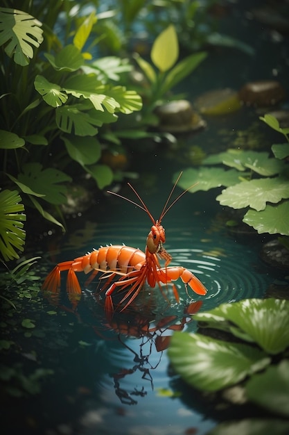 Um camarão fotorrealista em uma piscina rasa de água