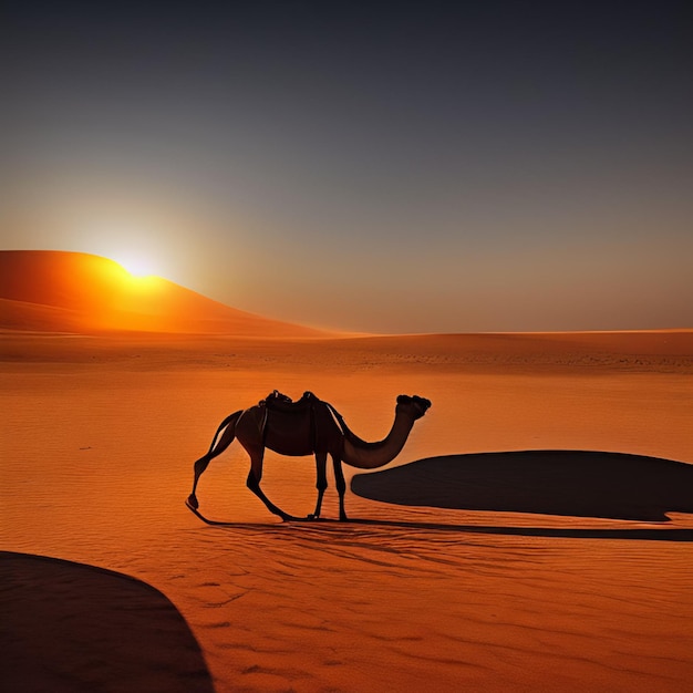 Foto um camelo caminha pelo deserto com uma canoa ao fundo.