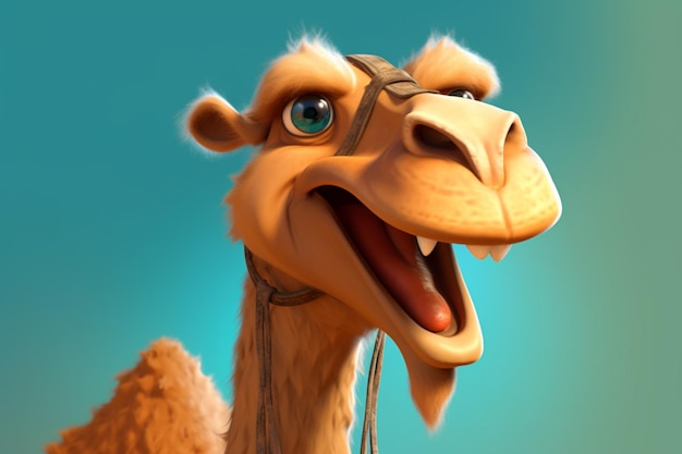 Um camelo com olhos azuis e nariz azul olha para o céu.