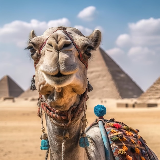 Um camelo com uma bola azul na frente das pirâmides
