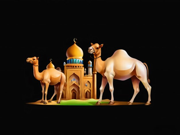 Um camelo e camelos são mostrados em um fundo preto Eid ul Adha