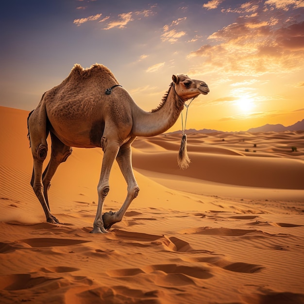 Um camelo está de pé no deserto com o sol a pôr-se atrás dele.