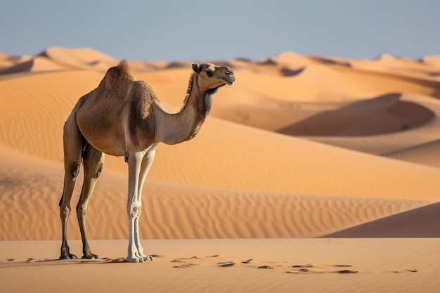 Um camelo está no deserto com o deserto ao fundo.