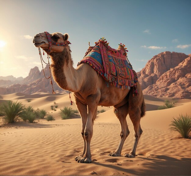 um camelo no deserto com o sol a brilhar nas costas