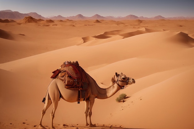 Um camelo no deserto com um homem no camelo