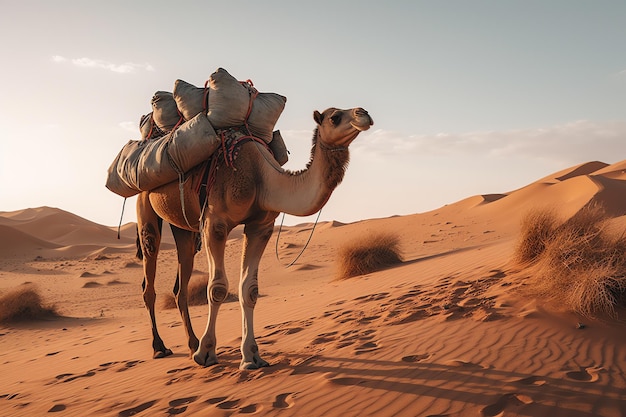 Um camelo no deserto com um saco de areia nas costas