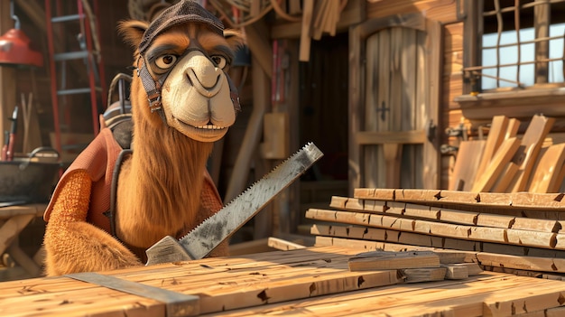 Um camelo vestindo um chapéu e um cinto de ferramentas está trabalhando em uma loja de madeira ele está sorrindo e parecendo feliz ele está usando uma serra para cortar um pedaço de madeira