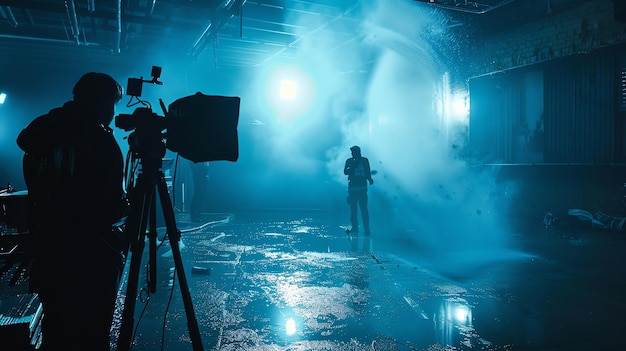 Foto um cameraman está filmando um videoclipe para um cantor em uma sala escura e úmida
