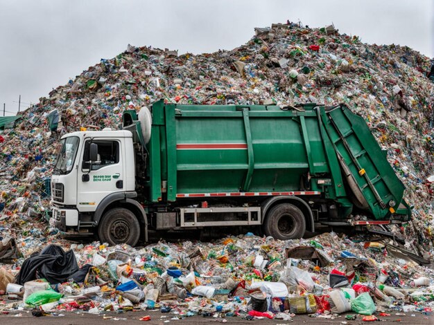 Foto um camião de lixo verde está a conduzir através de um contentor de lixo cheio de lixo