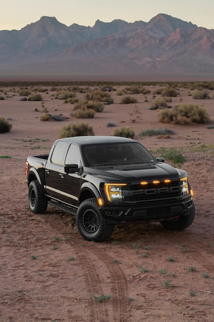 Foto um camião preto estacionado no meio de um deserto.