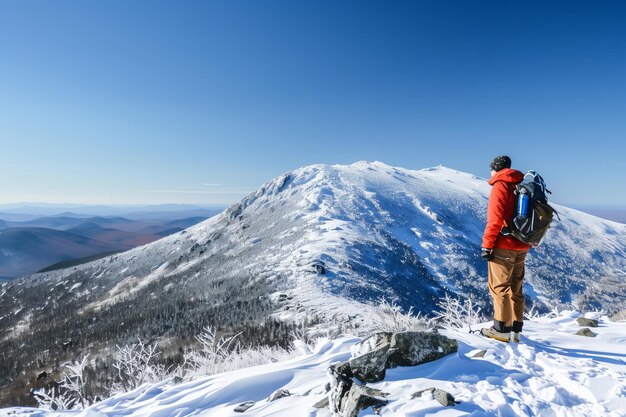 Um caminhante admirando a vista do topo da montanha coberta de neve. Céu claro.