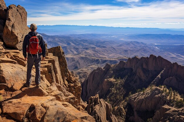 Um caminhante admirando a vista panorâmica de um pico de montanha