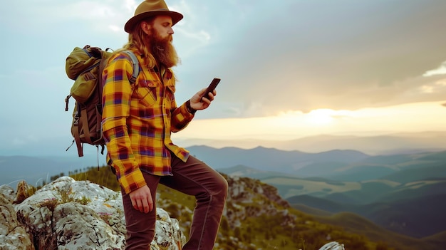 Um caminhante barbudo verifica seu smartphone em uma montanha ao pôr do sol abraçando a aventura