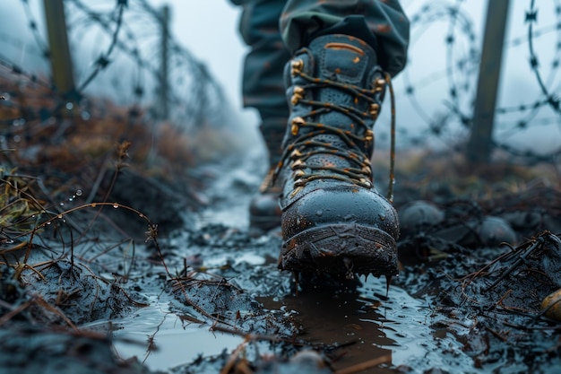 Um caminhante caminhando na floresta lamacenta com botas de caminhada